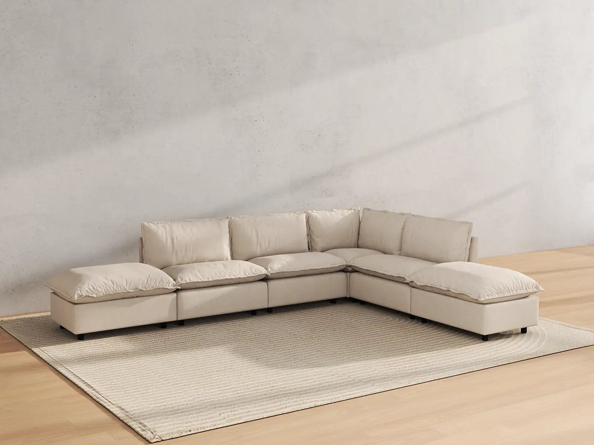 Modular Cero Modular Sectionals | 6-Piece Beige Linen Home Living L-Shaped Sectionals 4-Seater with 2-Ottomans