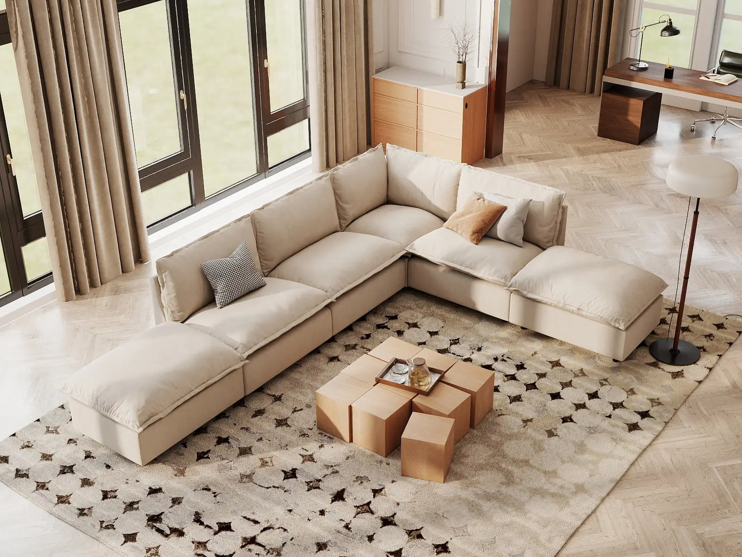 Modular Cero Modular Sectionals | 6-Piece Beige Linen Home Living L-Shaped Sectionals 4-Seater with 2-Ottomans