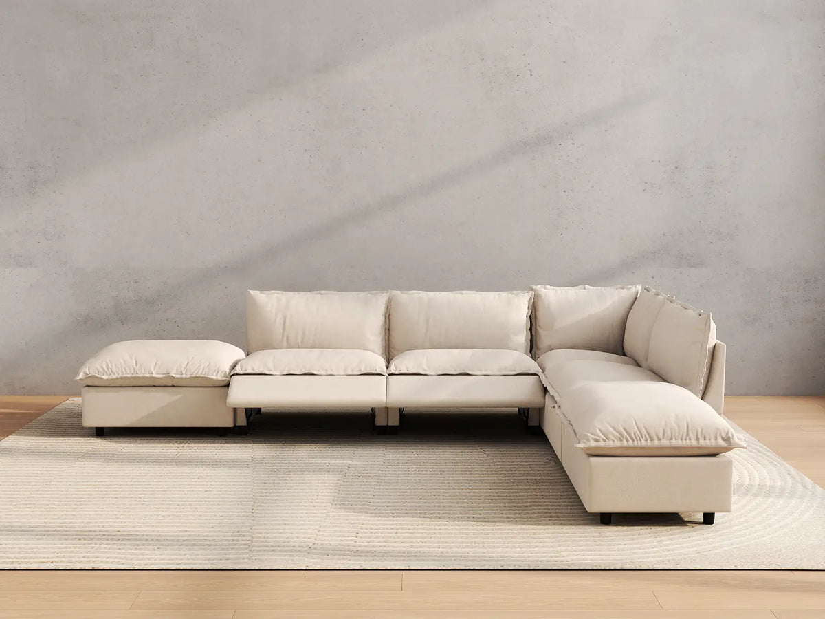 Modular Cero Reclining Sectionals | 6-Piece Beige Linen Home Living L-Shaped Sectionals 4-Seater with 2-Ottomans