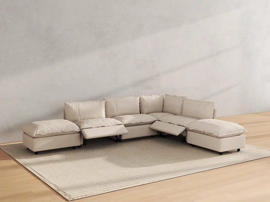 Modular Cero Reclining Sectionals | 6-Piece Beige Linen Home Living L-Shaped Sectionals 4-Seater with 2-Ottomans