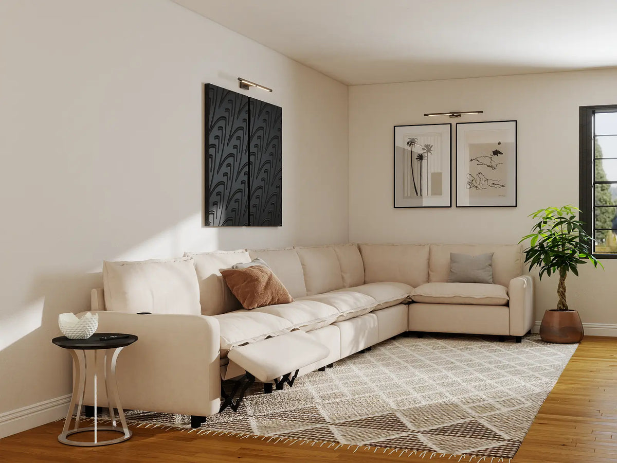 Modular Cero Reclining Sectionals | 6-Piece Beige Linen Home Living L-Shaped Sectionals 6-Seater