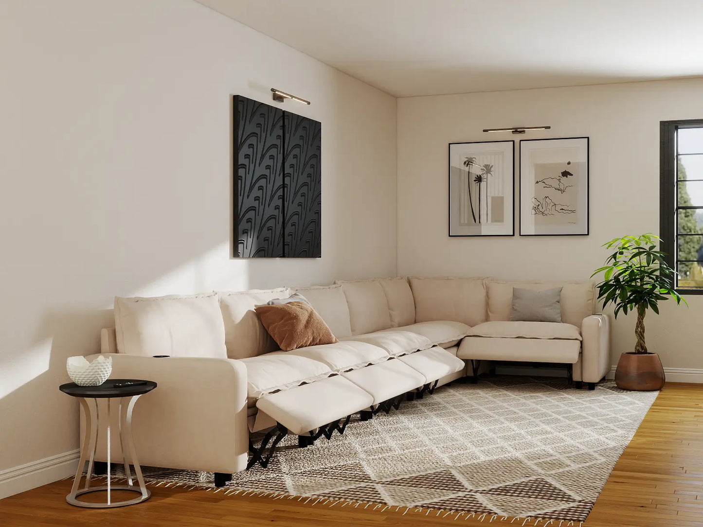 Modular Cero Reclining Sectionals | 6-Piece Beige Linen Home Living L-Shaped Sectionals 6-Seater