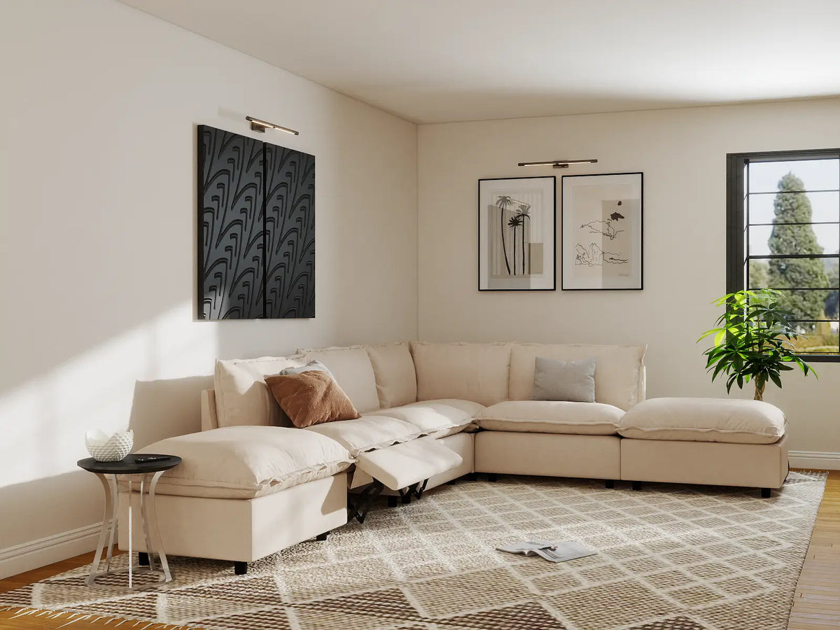 Modular Cero Reclining Sectionals | 6-Piece Beige Linen Large Space L-Shaped Sectionals 4-Seater with 2-Ottomans