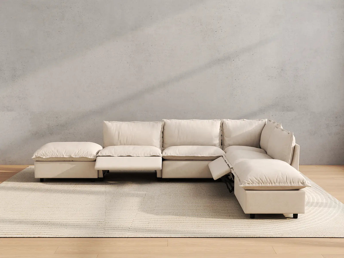 Modular Cero Reclining Sectionals | 6-Piece Beige Linen Large Space L-Shaped Sectionals 4-Seater with 2-Ottomans