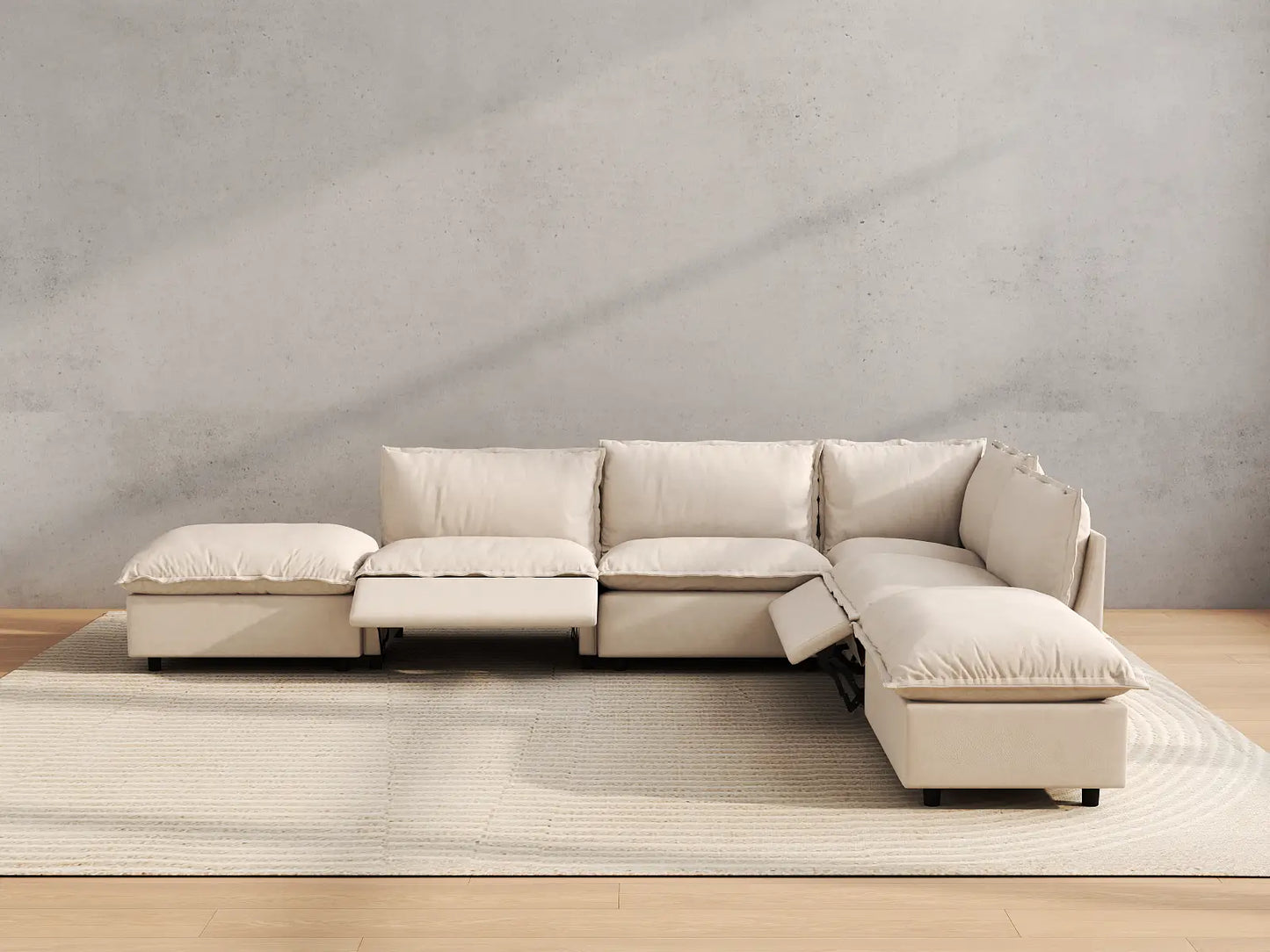Modular Cero Reclining Sectionals | 6-Piece Beige Linen Large Space L-Shaped Sectionals 4-Seater with 2-Ottomans