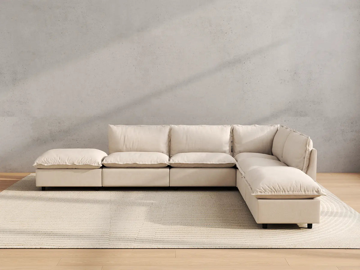 Modular Cero Reclining Sectionals | 6-Piece Beige Linen Large Space L-Shaped Sectionals 4-Seater with 2-Ottomans