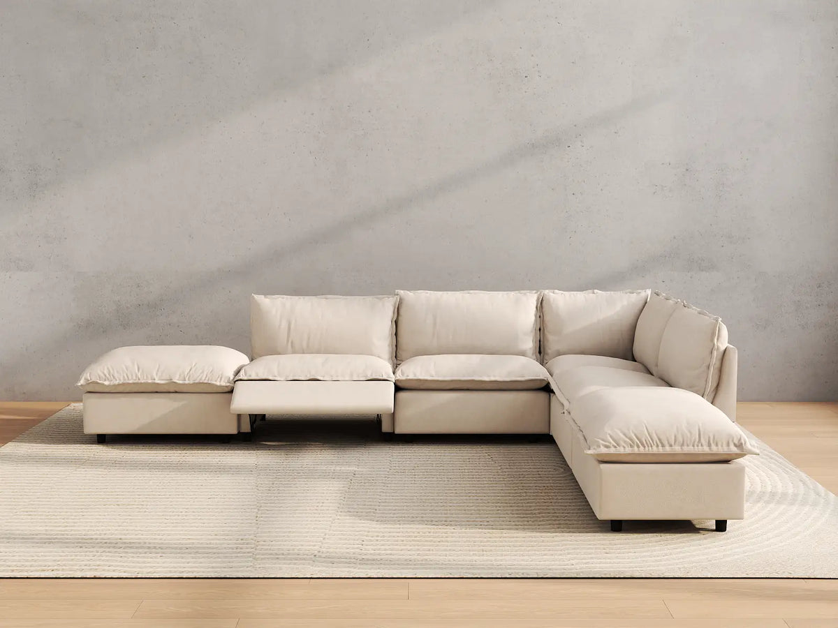 Modular Cero Reclining Sectionals | 6-Piece Beige Linen Large Space L-Shaped Sectionals 4-Seater with 2-Ottomans