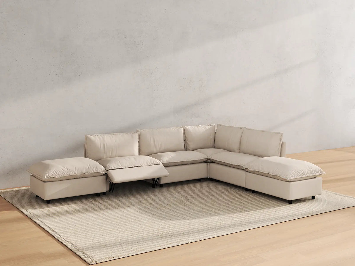 Modular Cero Reclining Sectionals | 6-Piece Beige Linen Large Space L-Shaped Sectionals 4-Seater with 2-Ottomans
