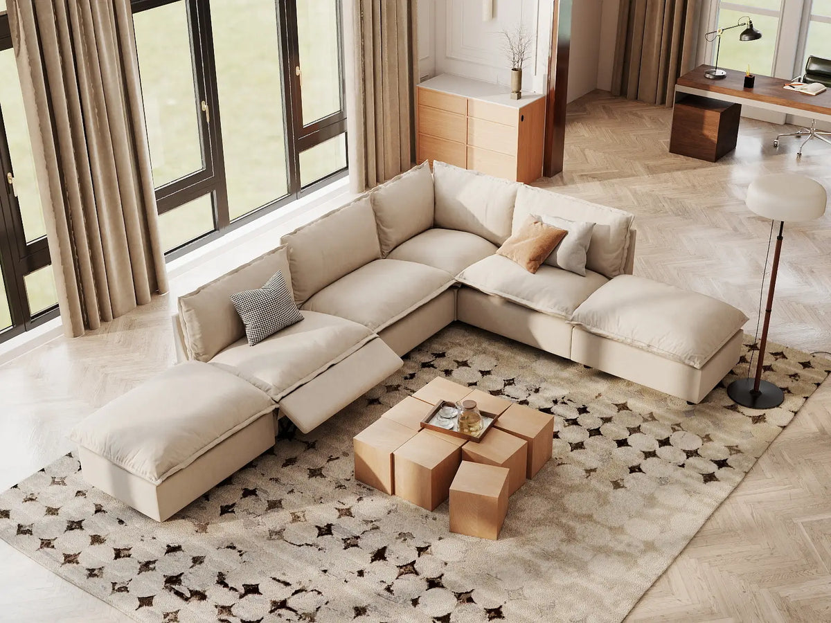 Modular Cero Reclining Sectionals | 6-Piece Beige Linen Large Space L-Shaped Sectionals 4-Seater with 2-Ottomans