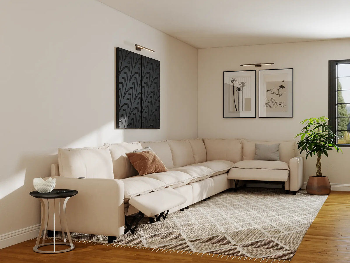 Modular Cero Reclining Sectionals | 6-Piece Beige Linen Large Space L-Shaped Sectionals 6-Seater