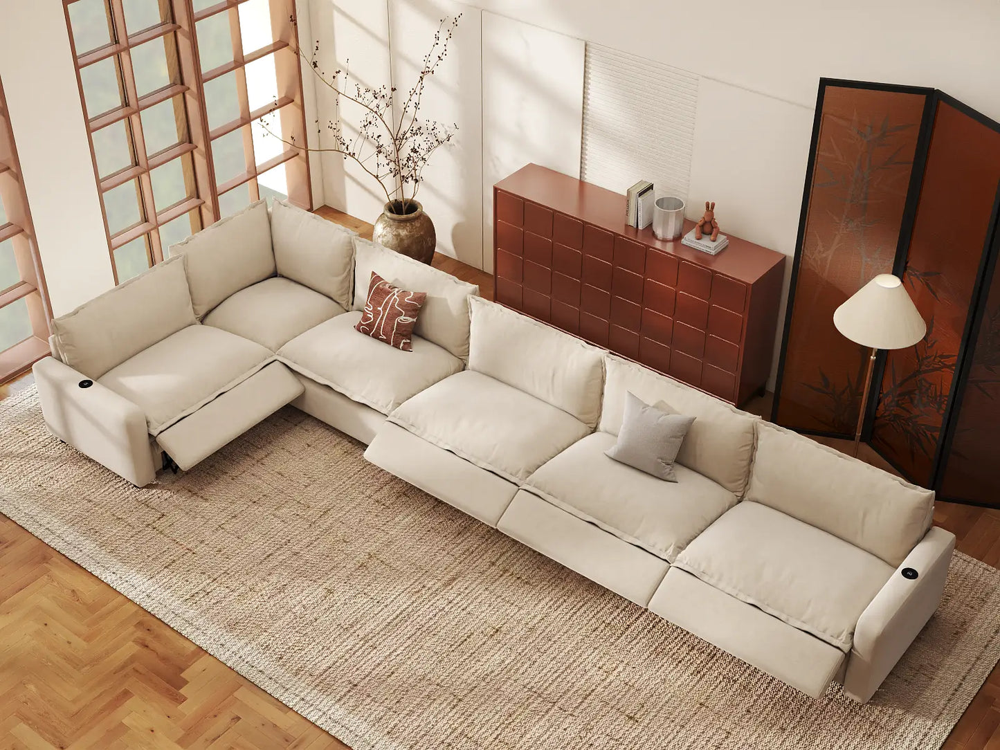 Modular Cero Reclining Sectionals | 6-Piece Beige Linen Large Space L-Shaped Sectionals 6-Seater