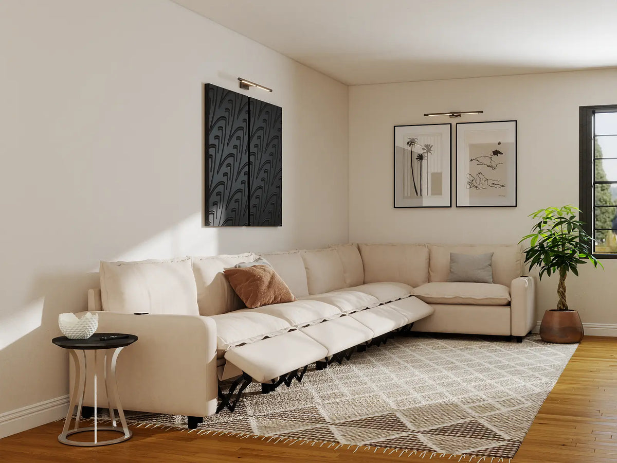 Modular Cero Reclining Sectionals | 6-Piece Beige Linen Large Space L-Shaped Sectionals 6-Seater