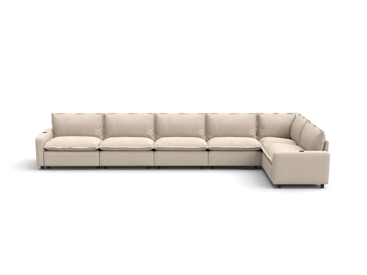 Modular Cero Reclining Sectionals | 6-Piece Beige Linen Large Space L-Shaped Sectionals 6-Seater
