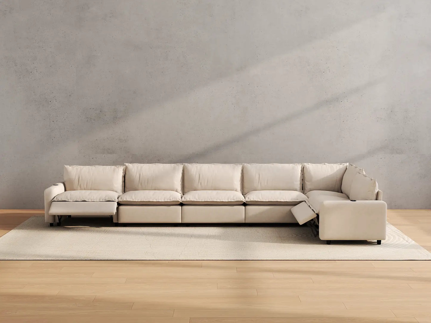 Modular Cero Reclining Sectionals | 6-Piece Beige Linen Large Space L-Shaped Sectionals 6-Seater