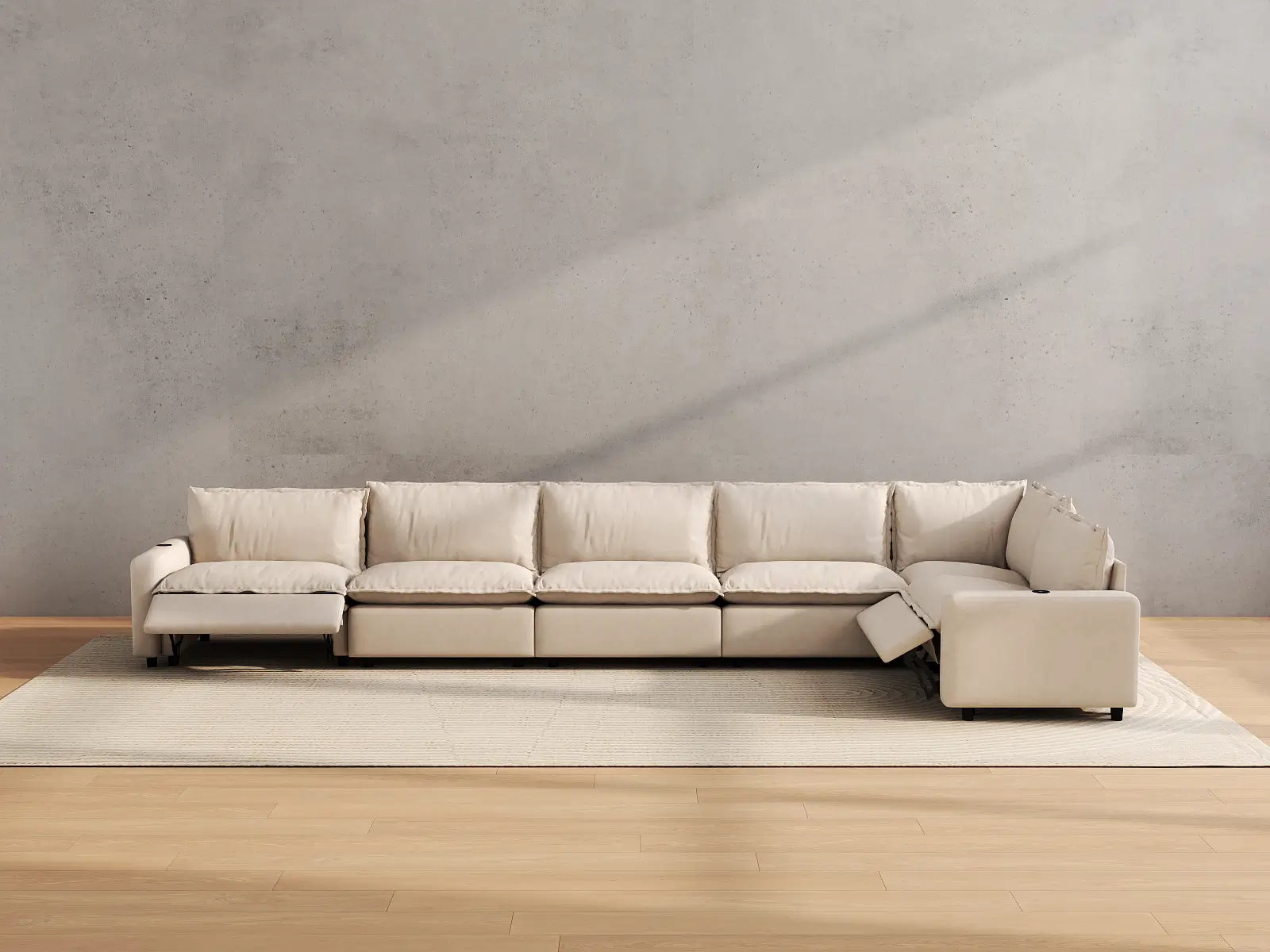 Modular Cero L Shaped Sectional Sofa with Recliner | 6-Piece Beige Linen Large Space L-Shaped Sectionals 6-Seater