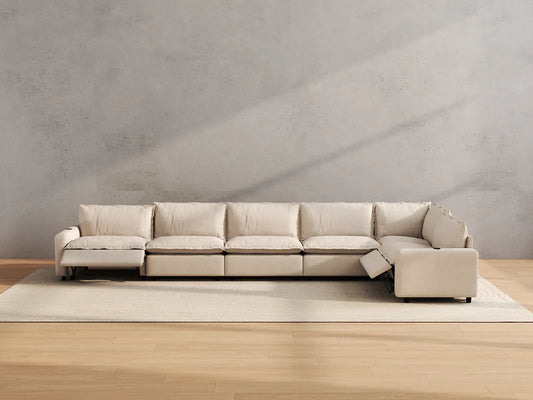 Modular Cero Reclining Sectionals | 6-Piece Beige Linen Large Space L-Shaped Sectionals 6-Seater