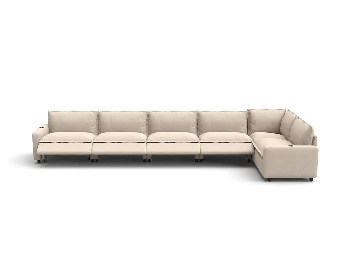Modular Cero Reclining Sectionals | 6-Piece Beige Linen Large Space L-Shaped Sectionals 6-Seater
