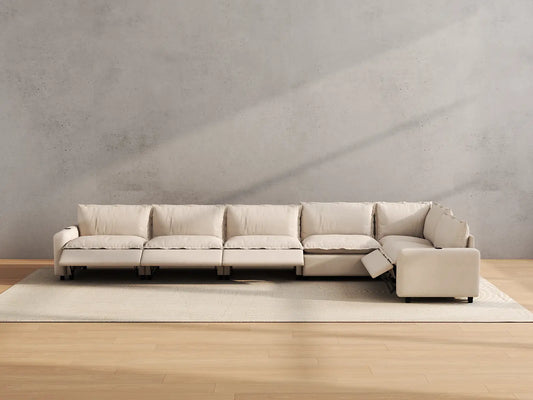 Modular Cero Reclining Sectionals | 6-Piece Beige Linen Large Space L-Shaped Sectionals 6-Seater