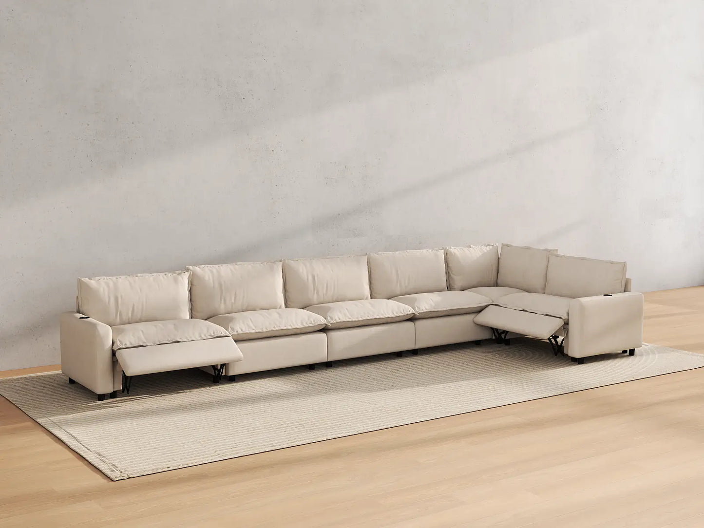 Modular Cero Reclining Sectionals | 6-Piece Beige Linen Large Space L-Shaped Sectionals 6-Seater
