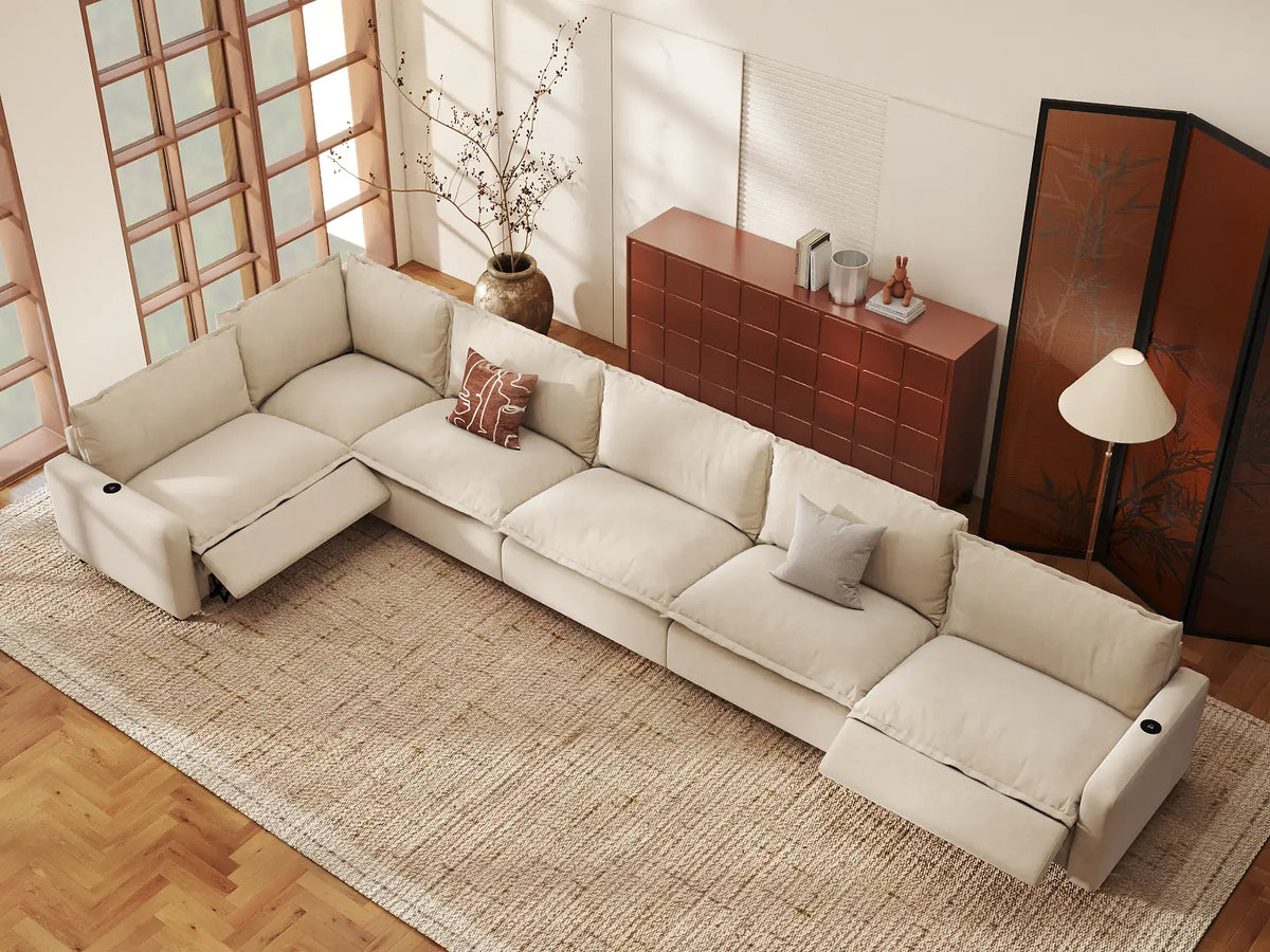 Modular Cero Reclining Sectionals | 6-Piece Beige Linen Large Space L-Shaped Sectionals 6-Seater