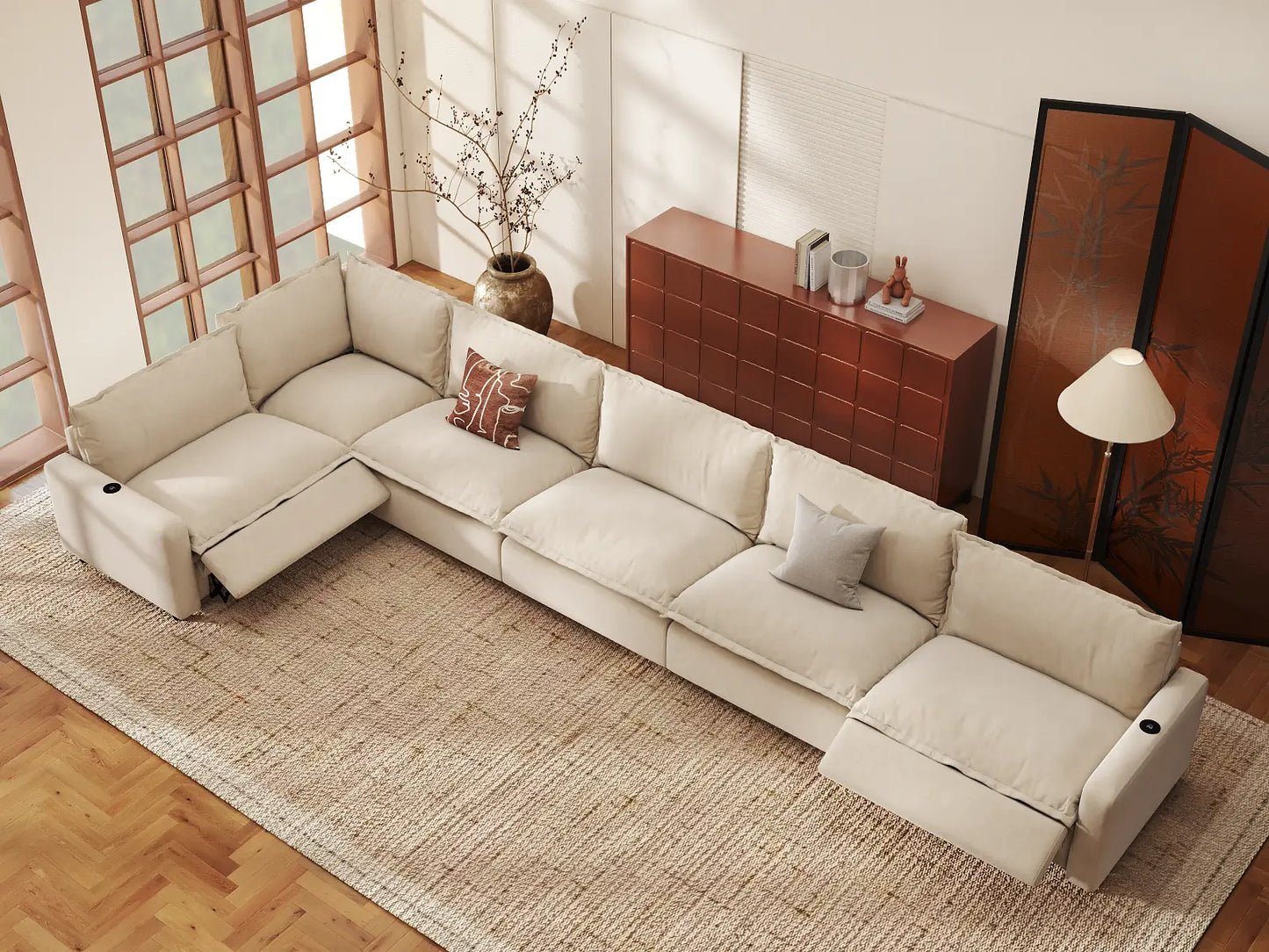 Modular Cero Reclining Sectionals | 6-Piece Beige Linen Large Space L-Shaped Sectionals 6-Seater