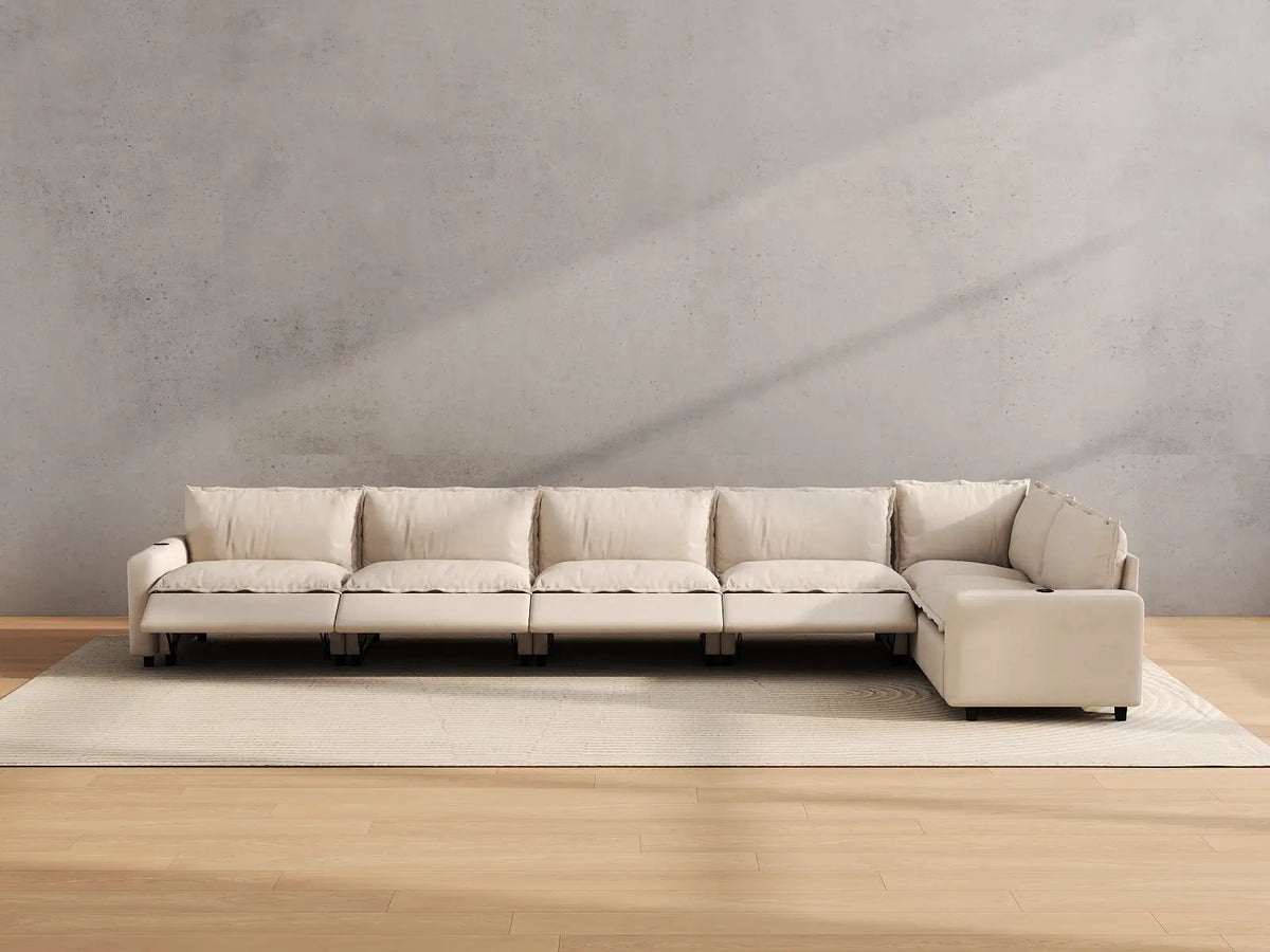 Modular Cero Reclining Sectionals | 6-Piece Beige Linen Large Space L-Shaped Sectionals 6-Seater