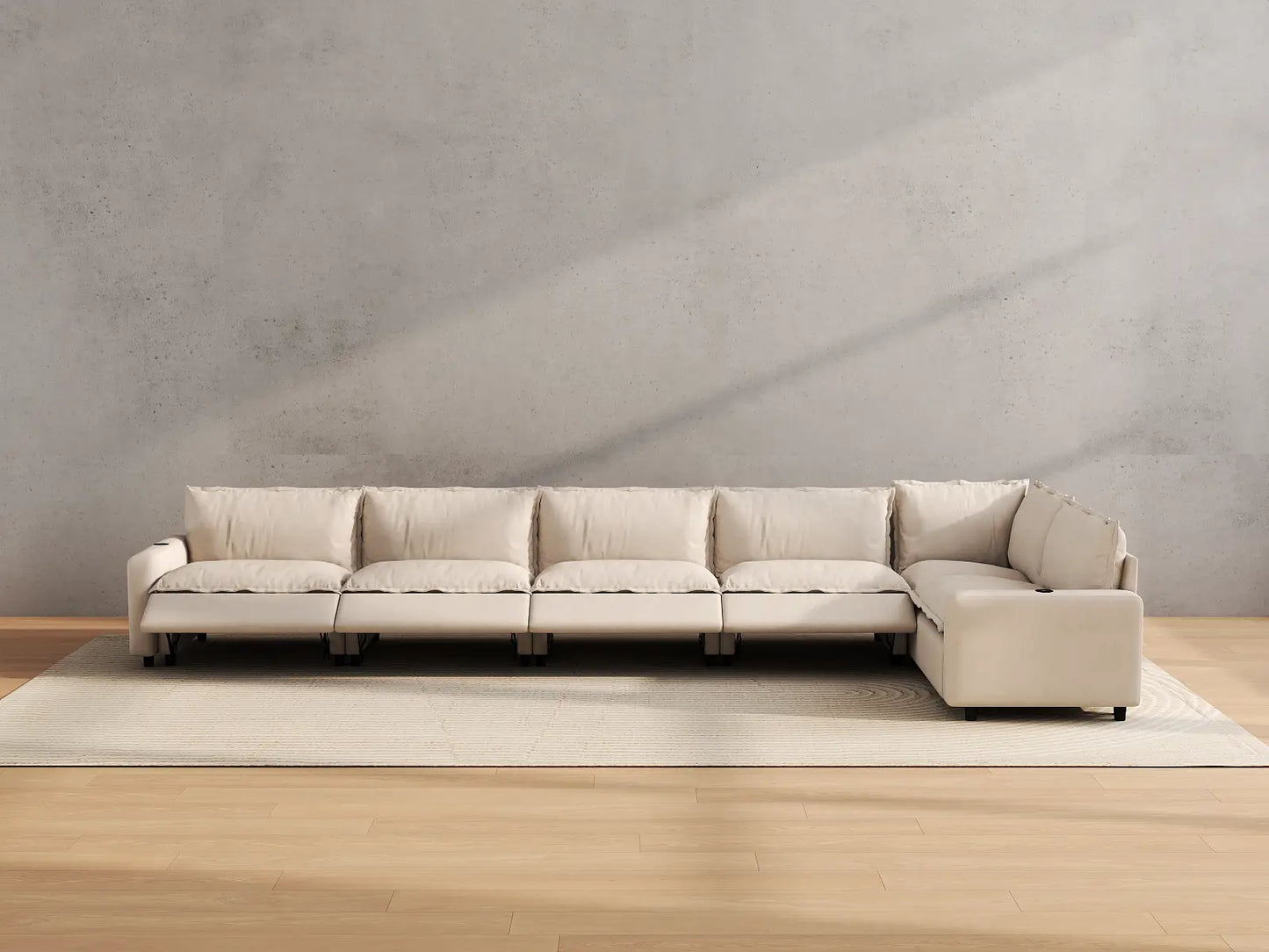 Modular Cero Reclining Sectionals | 6-Piece Beige Linen Large Space L-Shaped Sectionals 6-Seater