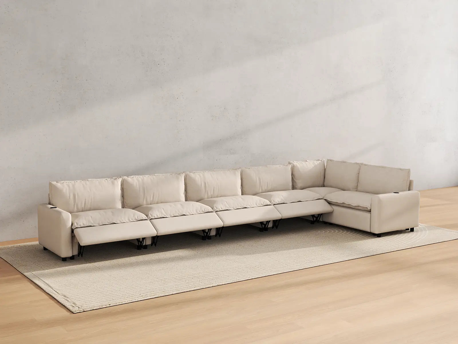 Modular Cero L Shaped Sectional with Recliner | 6-Piece Beige Linen Large Space L-Shaped Sectionals 6-Seater