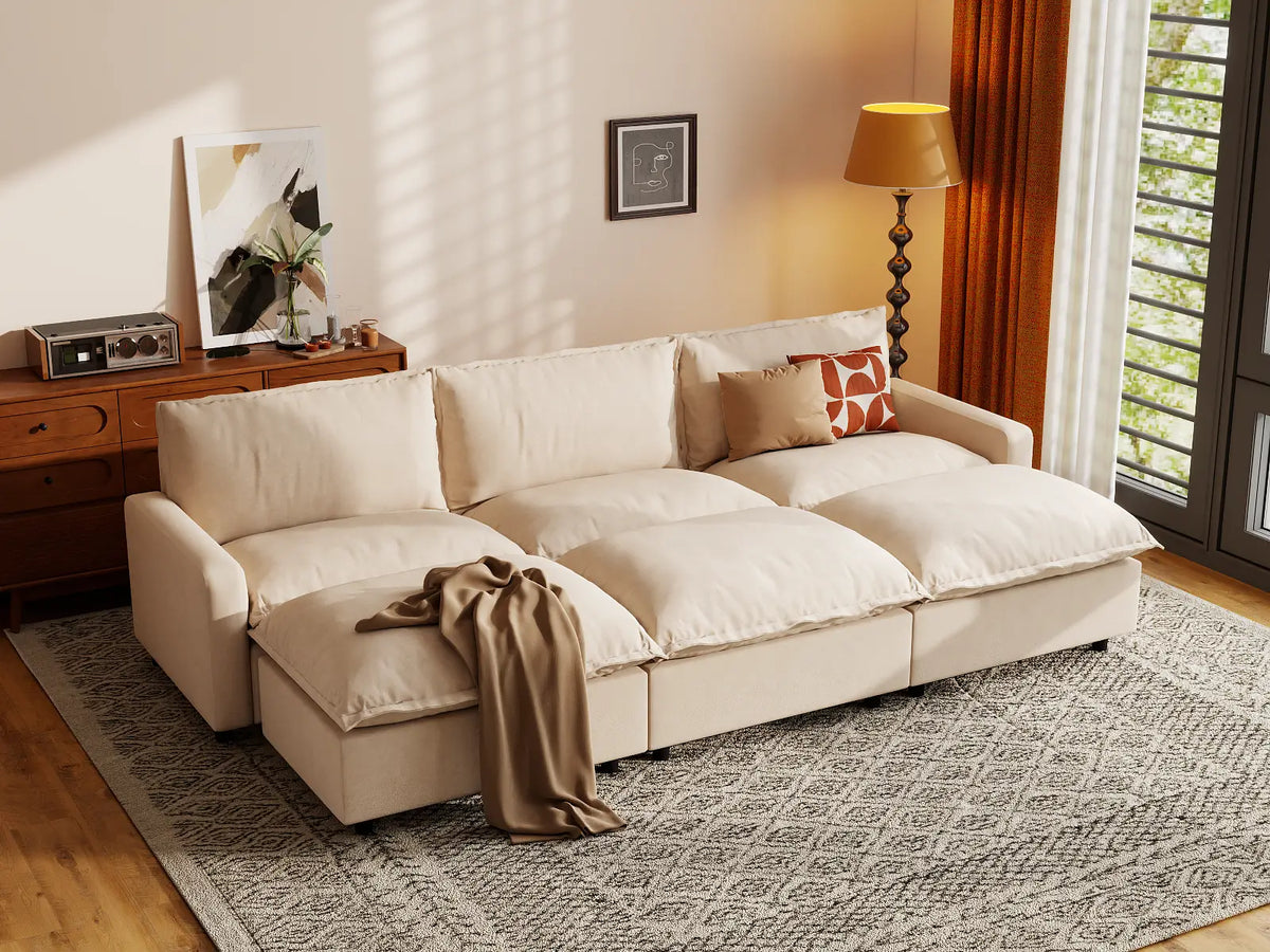 Modular Cero Modular Sectionals | 6-Piece Beige Linen Large Space Pit Sectionals 3-Seater with 3-Ottomans