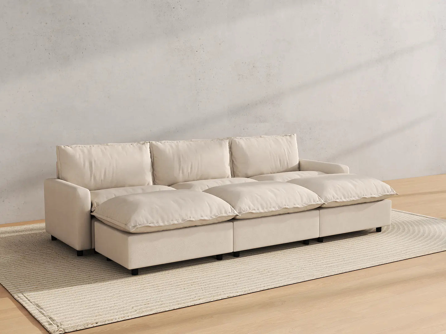 Modular Cero Modular Sectionals | 6-Piece Beige Linen Large Space Pit Sectionals 3-Seater with 3-Ottomans