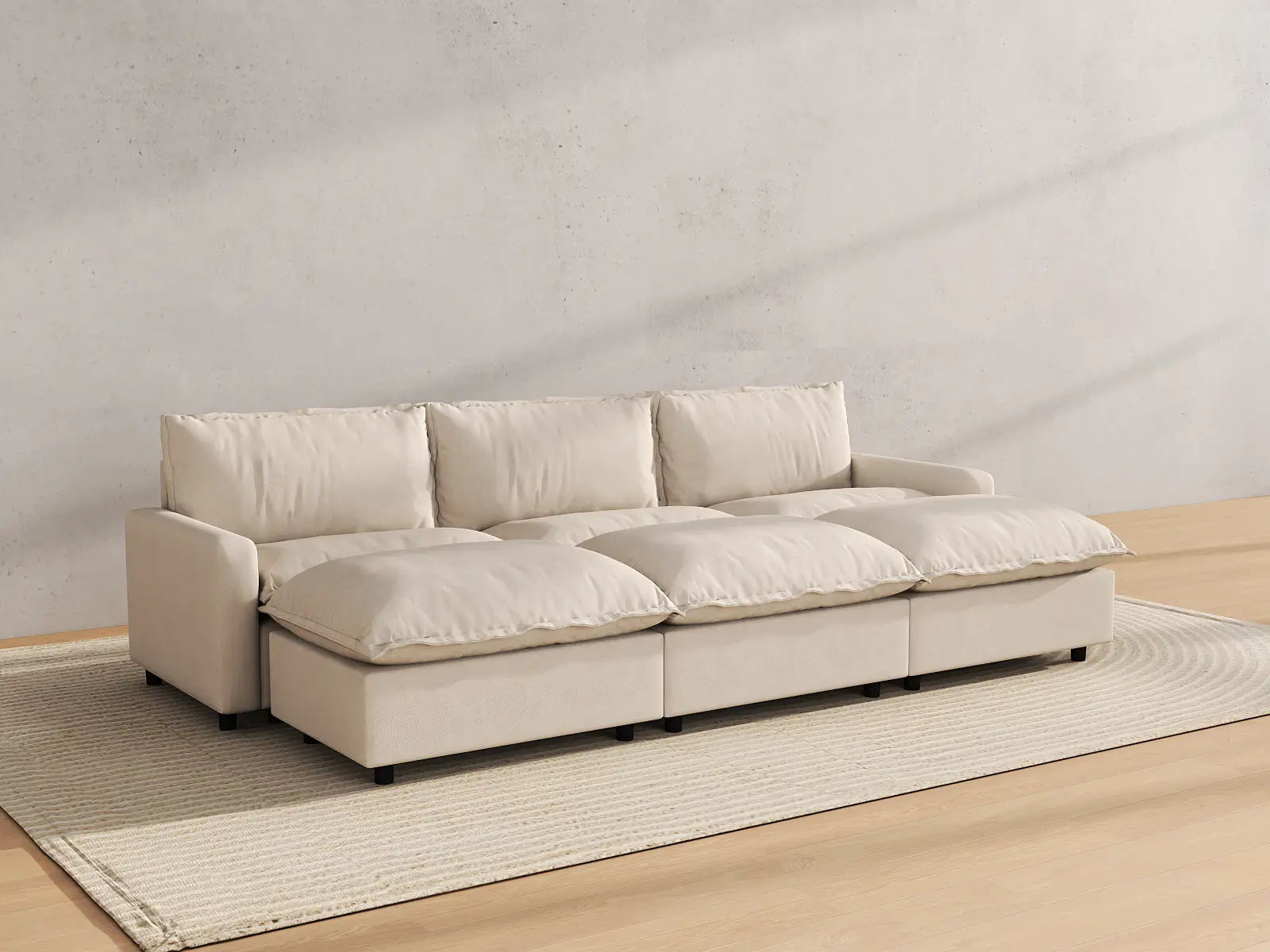 Modular Cero Modular Sectional Furniture | 6-Piece Beige Linen Large Space Pit Sectionals 3-Seater with 3-Ottomans