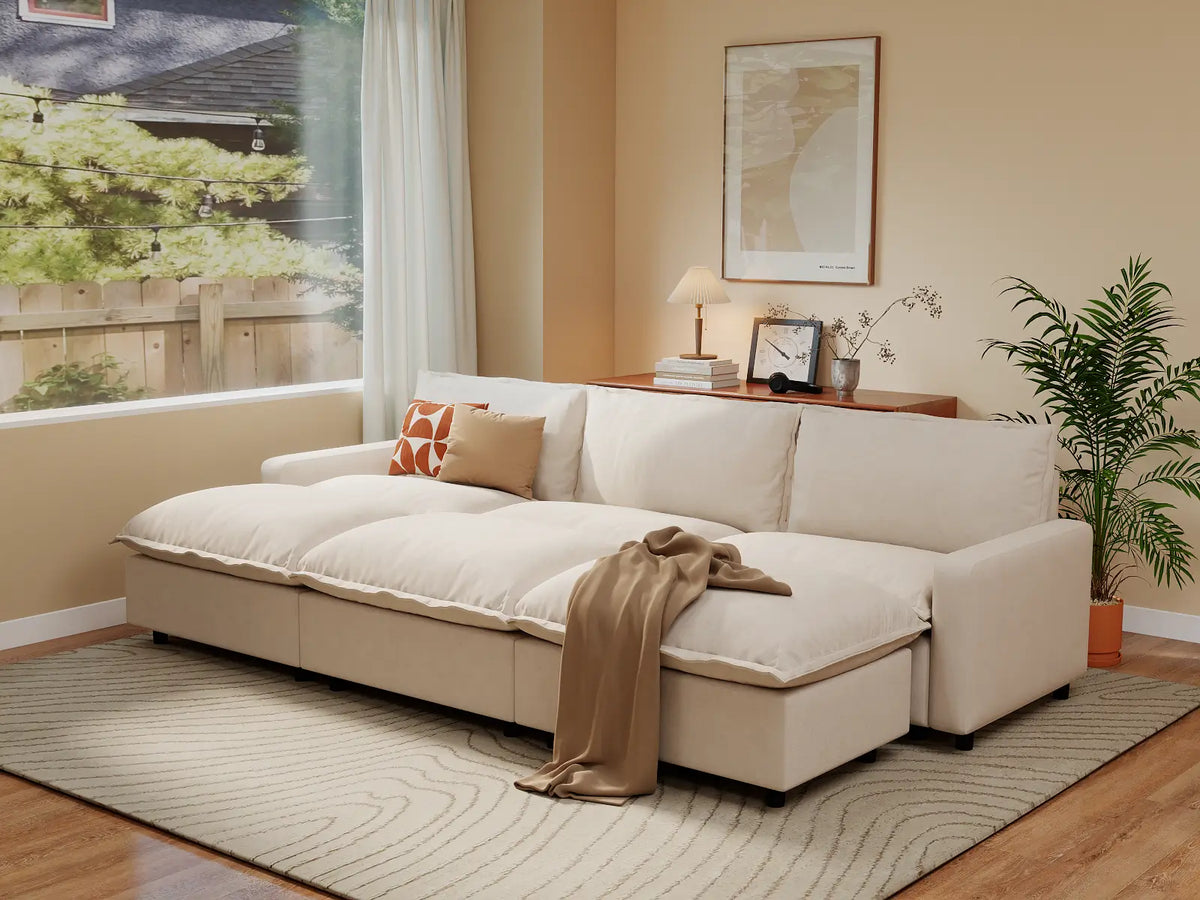 Modular Cero Modular Sectionals | 6-Piece Beige Linen Large Space Pit Sectionals 3-Seater with 3-Ottomans