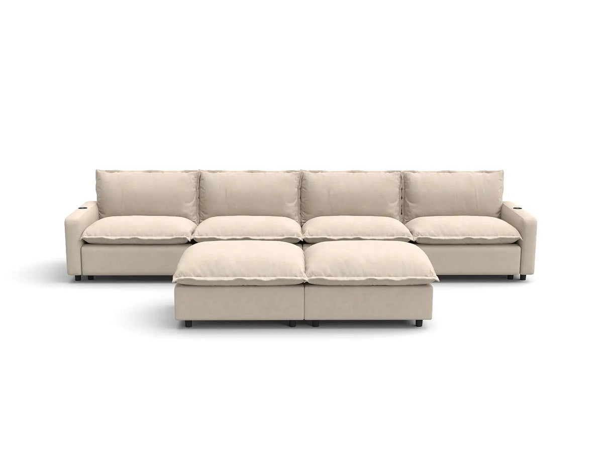 Modular Cero Reclining Sectionals | 6-Piece Beige Linen Large Space Sofa Sets 4-Seater with 2-Ottomans