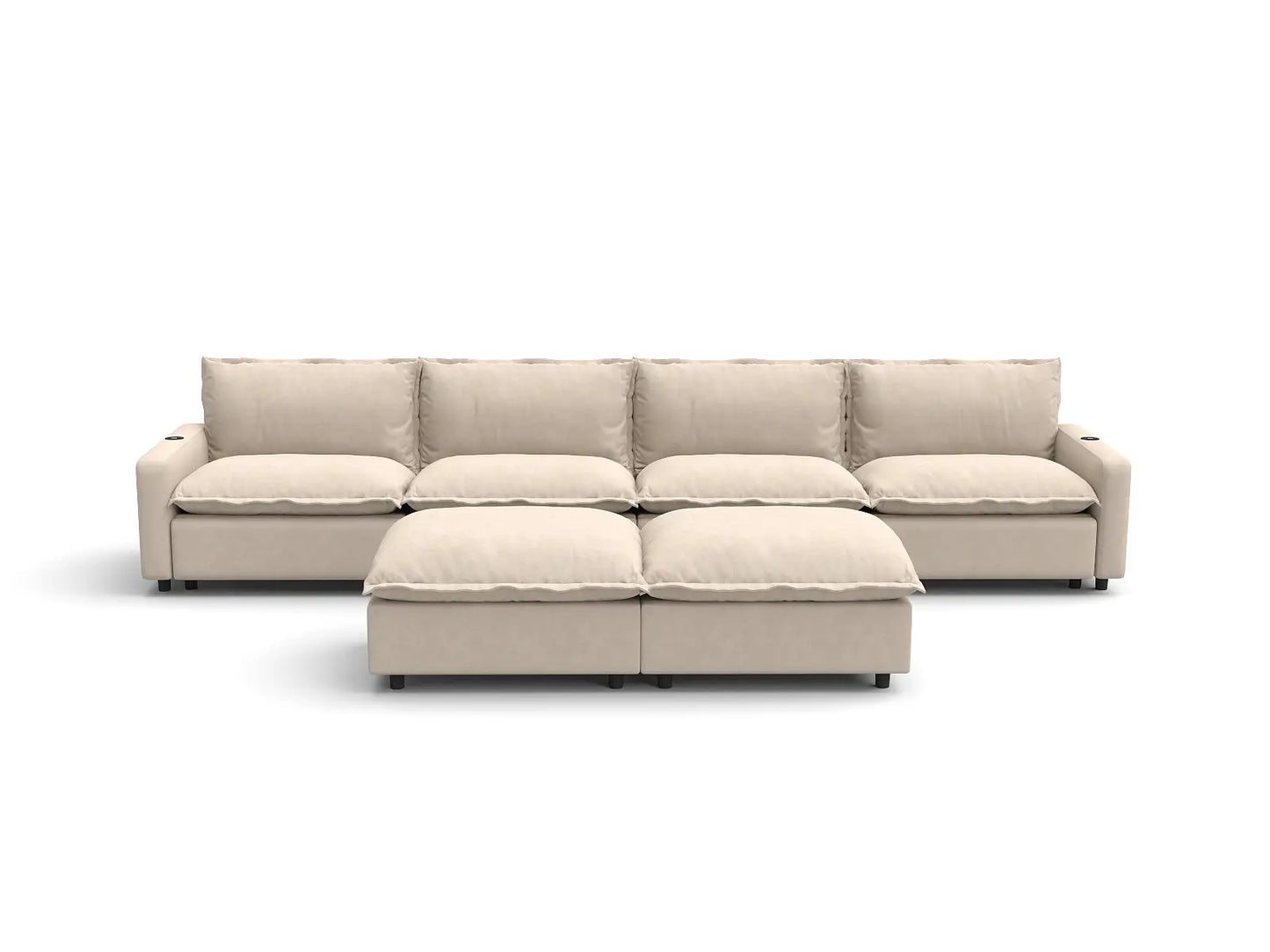 Modular Cero Reclining Sectionals | 6-Piece Beige Linen Large Space Sofa Sets 4-Seater with 2-Ottomans