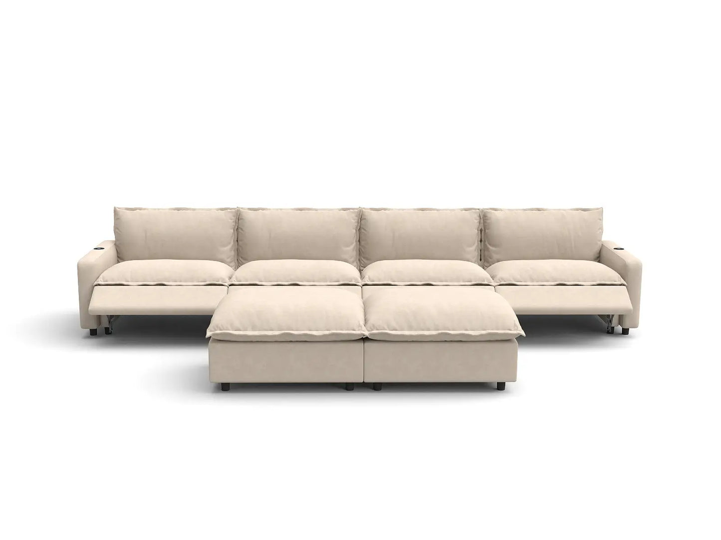 Modular Cero Reclining Sectionals | 6-Piece Beige Linen Large Space Sofa Sets 4-Seater with 2-Ottomans