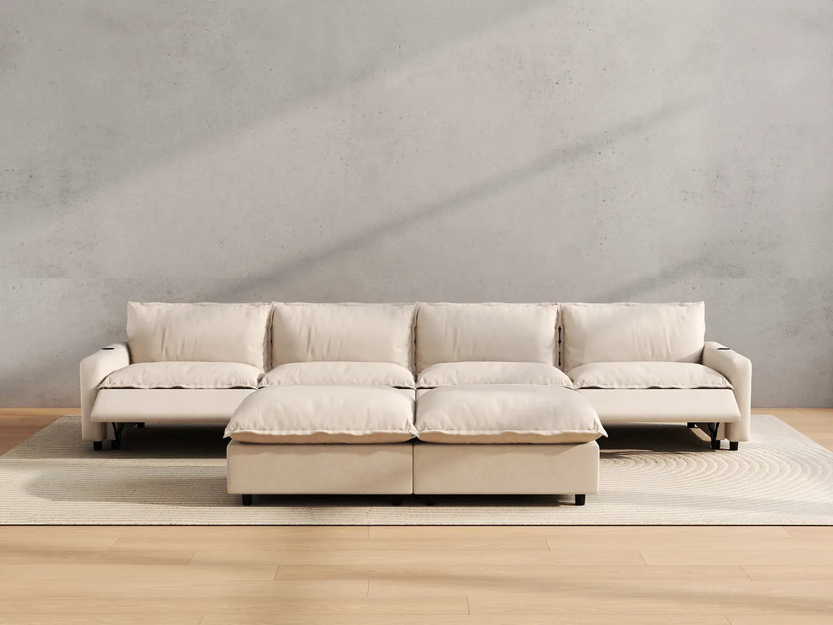 Modular Cero Reclining Sectionals | 6-Piece Beige Linen Large Space Sofa Sets 4-Seater with 2-Ottomans