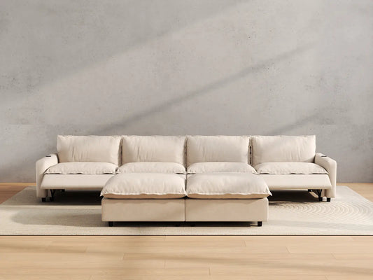 Modular Cero Reclining Sectionals | 6-Piece Beige Linen Large Space Sofa Sets 4-Seater with 2-Ottomans