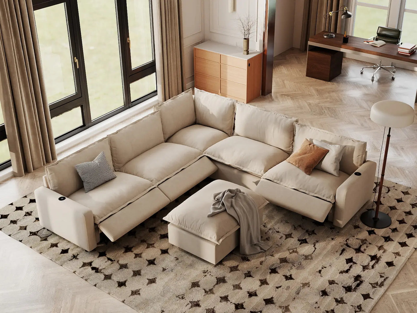 Modular Cero Reclining Sectionals | 6-Piece Beige Linen Large Space Sofa Sets 5-Seater with 1-Ottoman