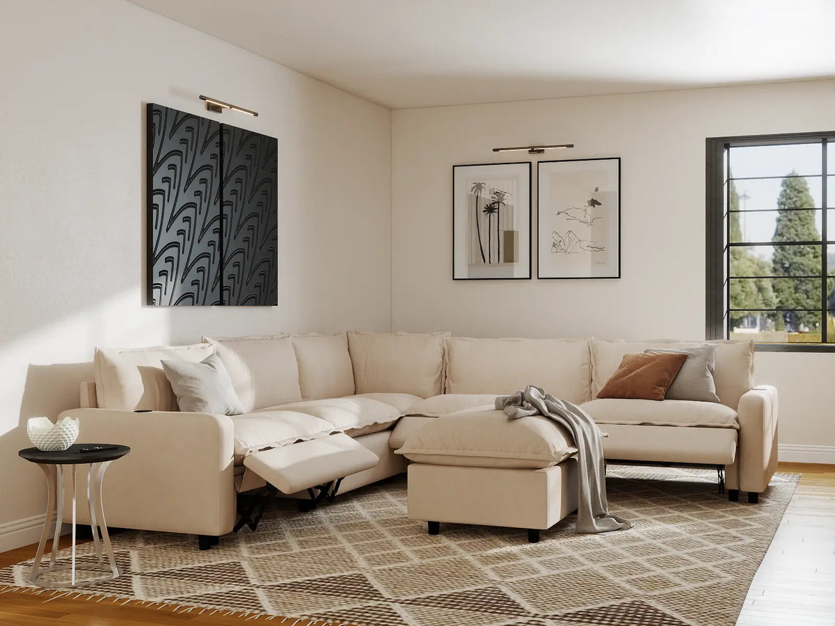 Modular Cero Reclining Sectionals | 6-Piece Beige Linen Large Space Sofa Sets 5-Seater with 1-Ottoman