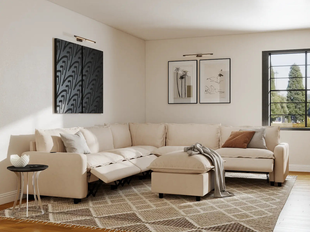 Modular Cero Reclining Sectionals | 6-Piece Beige Linen Large Space Sofa Sets 5-Seater with 1-Ottoman