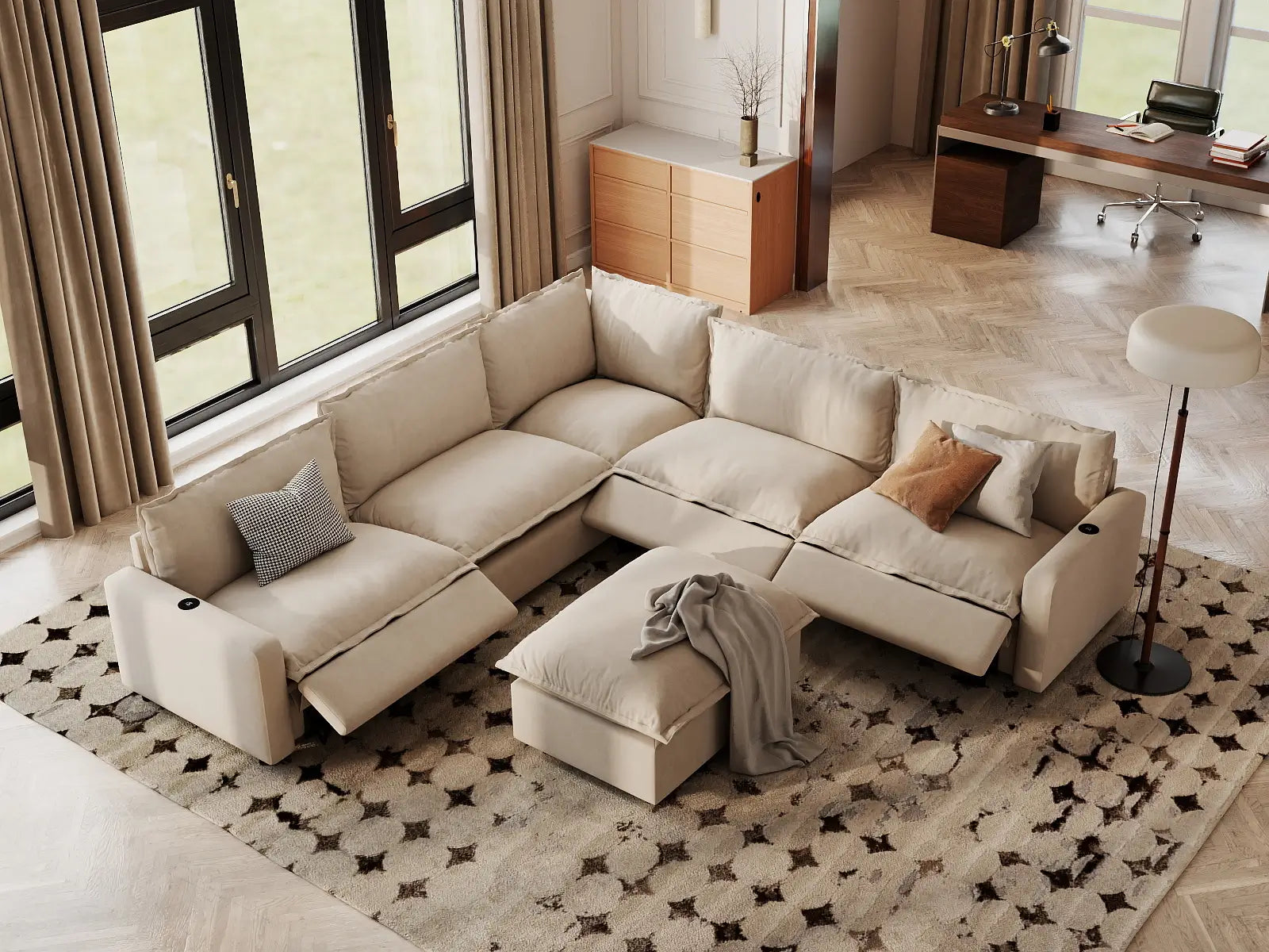 Modular Cero Recliner Sofa Set for Living Room | 6-Piece Beige Linen Large Space Sofa Sets 5-Seater with 1-Ottoman