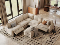 Modular Cero Reclining Sectionals | 6-Piece Beige Linen Large Space Sofa Sets 5-Seater with 1-Ottoman