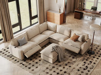 Modular Cero Reclining Sectionals | 6-Piece Beige Linen Large Space Sofa Sets 5-Seater with 1-Ottoman