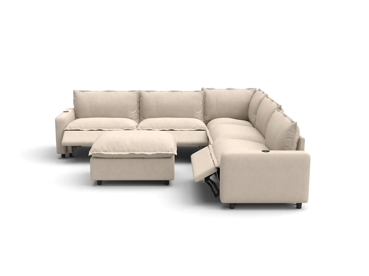Modular Cero Reclining Sectionals | 6-Piece Beige Linen Large Space Sofa Sets 5-Seater with 1-Ottoman