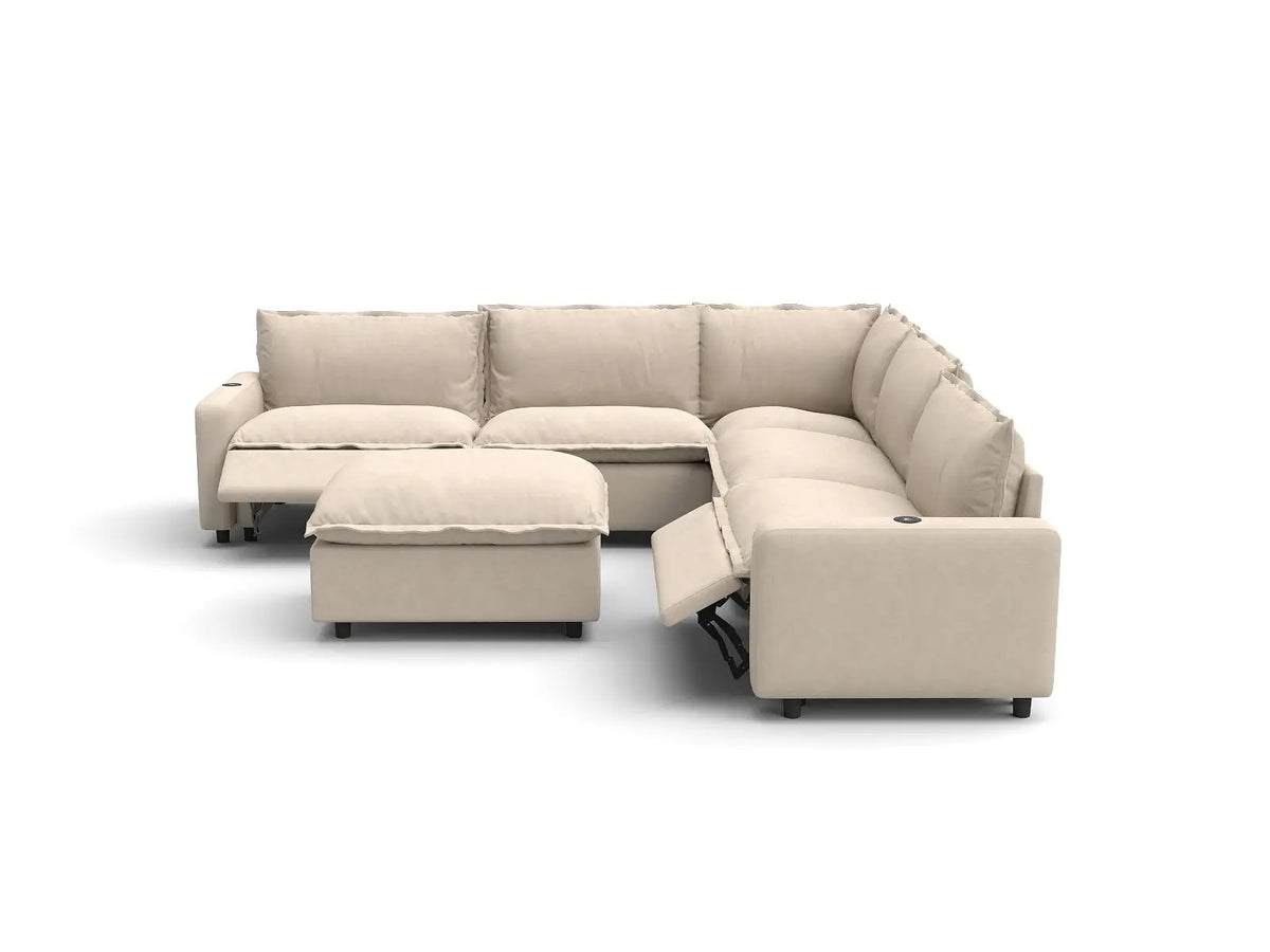 Modular Cero Reclining Sectionals | 6-Piece Beige Linen Large Space Sofa Sets 5-Seater with 1-Ottoman