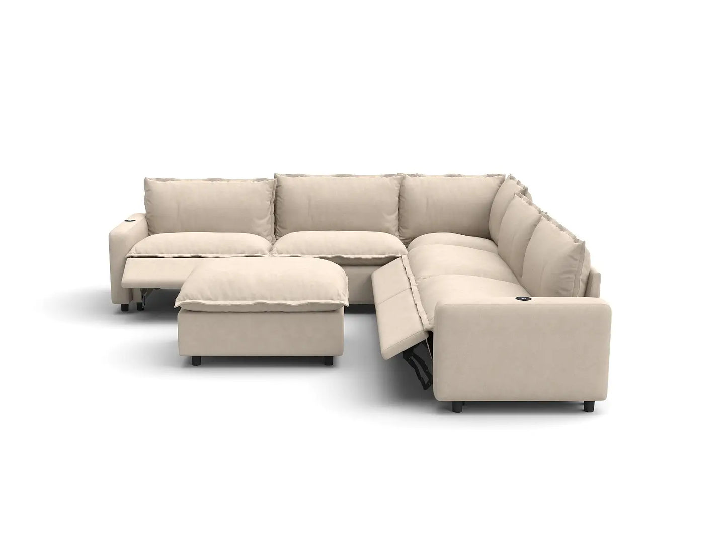 Modular Cero Reclining Sectionals | 6-Piece Beige Linen Large Space Sofa Sets 5-Seater with 1-Ottoman
