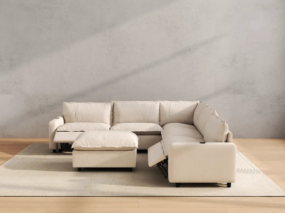Modular Cero Reclining Sectionals | 6-Piece Beige Linen Large Space Sofa Sets 5-Seater with 1-Ottoman