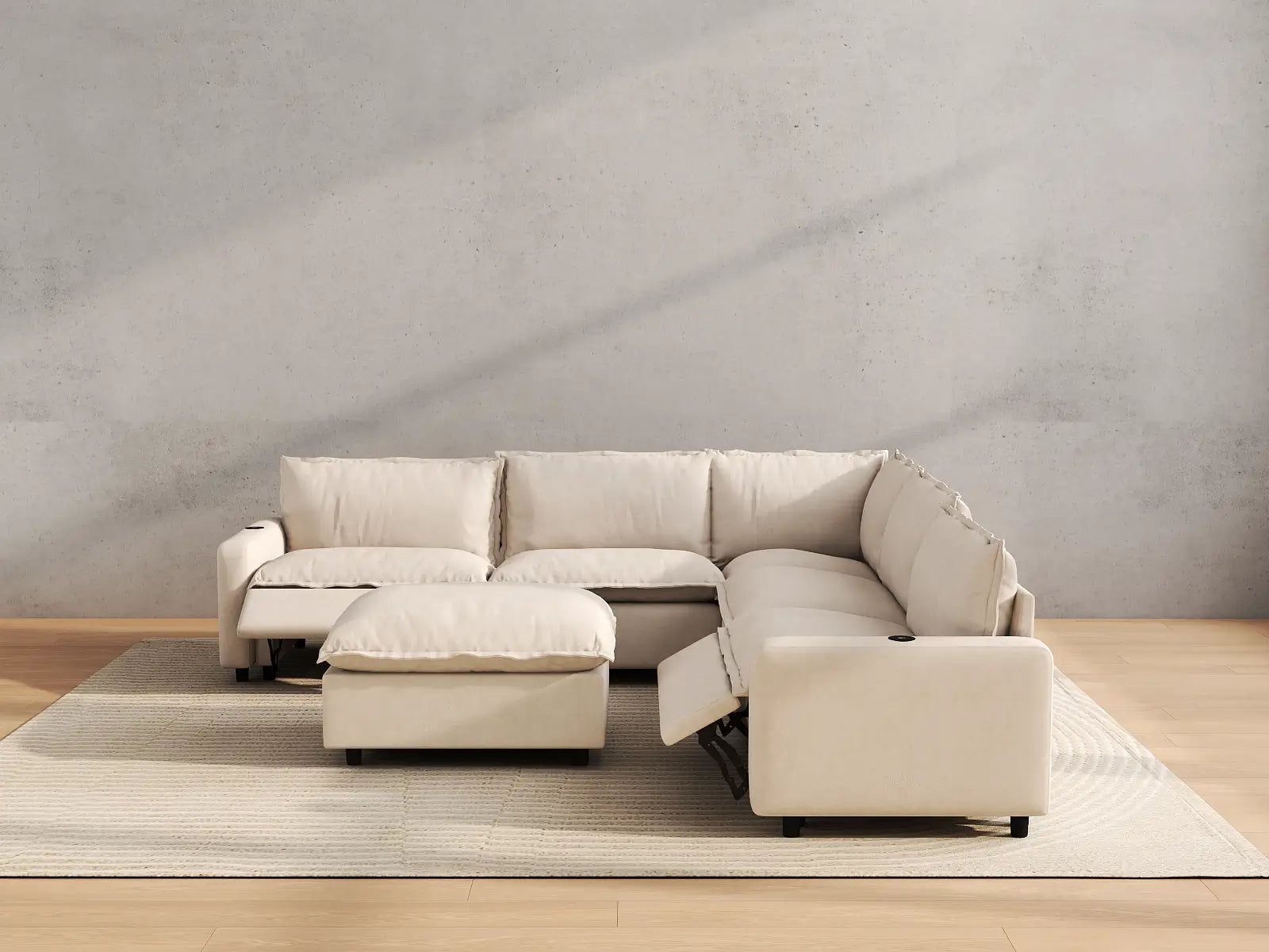 Modular Cero Power Recliner Sofa Set | 6-Piece Beige Linen Large Space Sofa Sets 5-Seater with 1-Ottoman