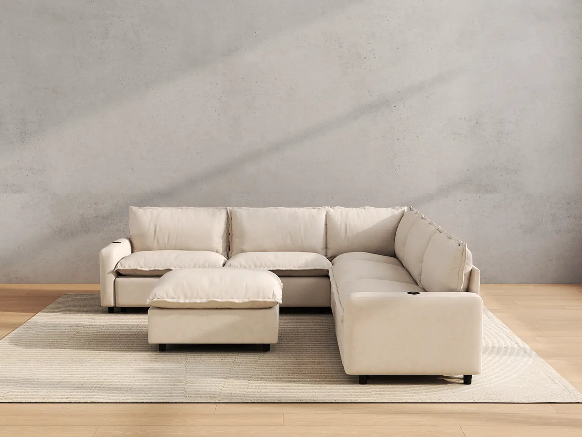 Modular Cero Reclining Sectionals | 6-Piece Beige Linen Large Space Sofa Sets 5-Seater with 1-Ottoman