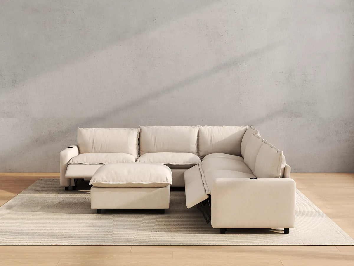 Modular Cero Reclining Sectionals | 6-Piece Beige Linen Large Space Sofa Sets 5-Seater with 1-Ottoman